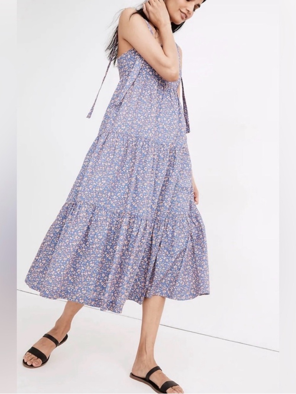 Madewell Lavender-Blue Floral Tie-Shoulder Midi Dress